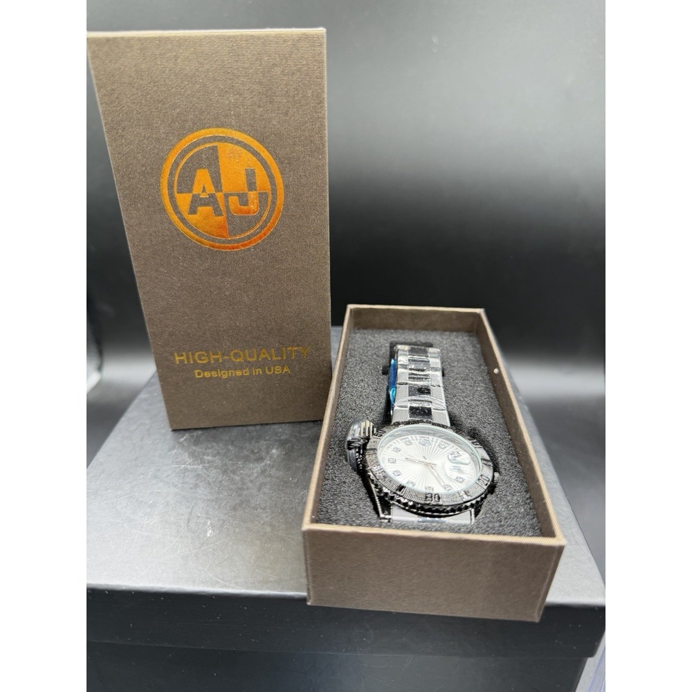 AJ USA Men's Black‑Tone Metal Link Watch w/ Silver Dial & Crystal Hour Markers ⌚